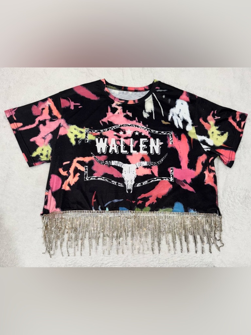Custom Wallen Fringe Crop Tee | Festival Western Outfit | Rhinestone Fringe | XL